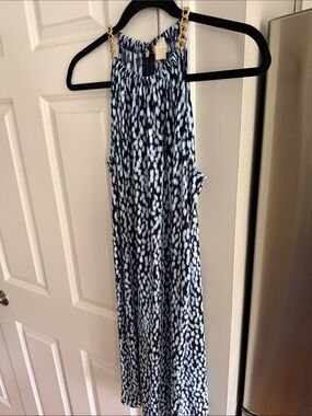Michael Kors Navy and White Halter Maxi Dress